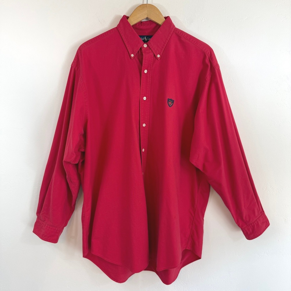 VTG Ralph Lauren Crest Logo Button Down Shirt‎ Red Classic Preppy Ivy League L